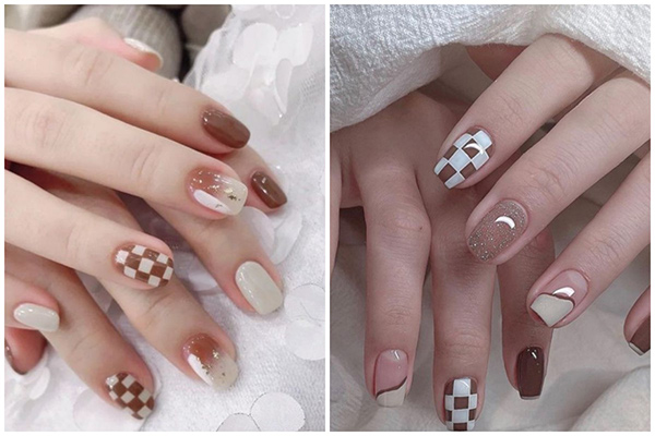 nail nude họa tiết caro