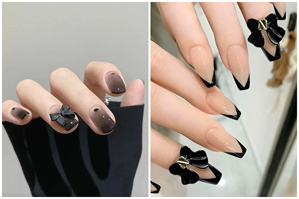 mẫu nail nơ đen sang chảnh