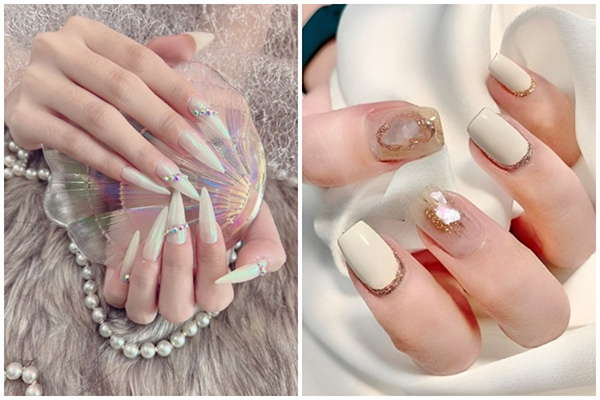 nail màu trắng sữa đính đá