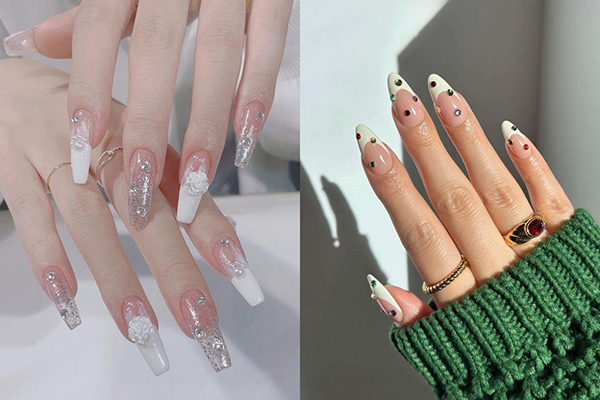 mẫu nail tết đính đá sang trọng