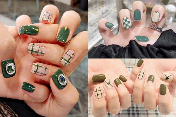 nail xanh lá vẽ caro